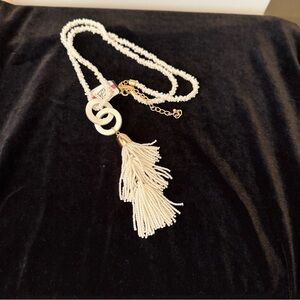 Elegant White Beaded Necklace with Tassel